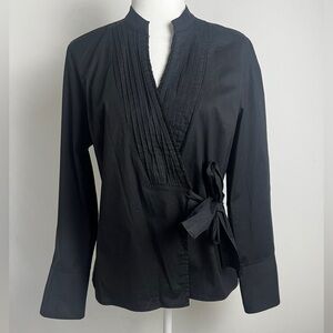 Garnet Hill Black Cotton True Wrap Beaded Tuxedo Style Classic Blouse Top Sz 10